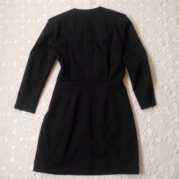 Sandro Pencil Dress Navy Blue Stretch Wool 3/4 Sleeve V Neck Pleat 36 Women S US - Picture 6 of 10